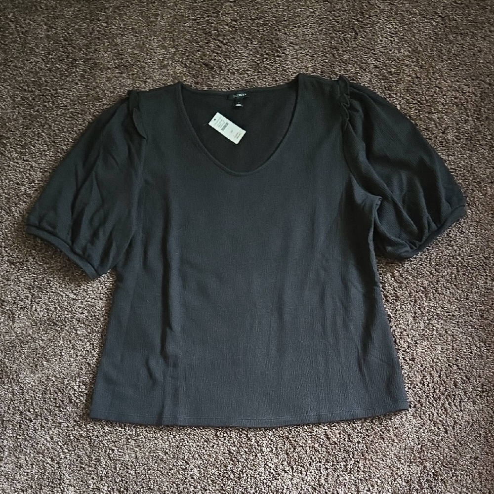 NEW Talbots Black Ribbed Short Ruffle Puff Sleeve Top M